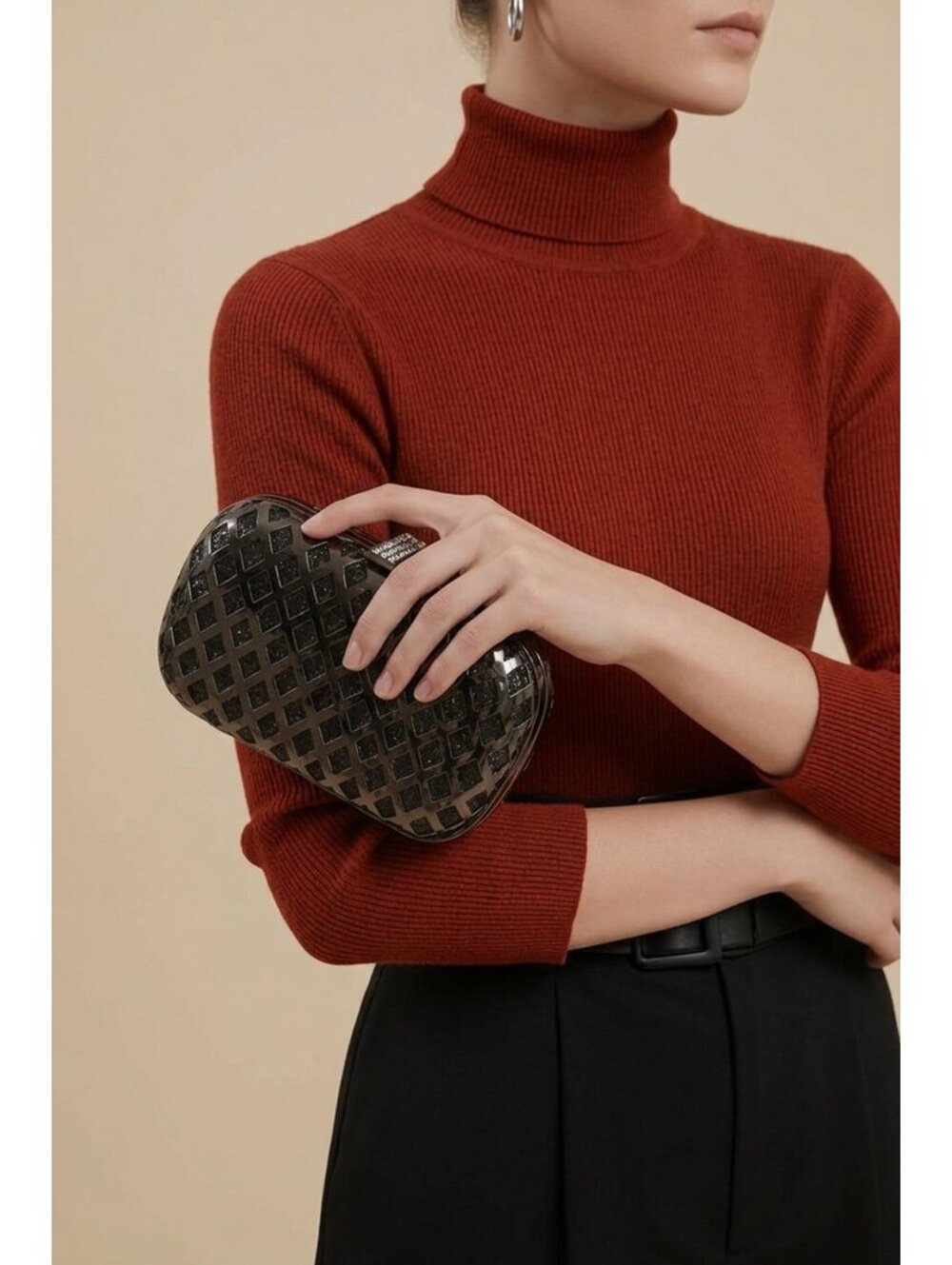 Kate Landry evening clutch purse with 2 straps black metal unique lattice design